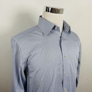 David Donahue 16 34/35 Trim Fit Luxury Non Iron Dress Shirt Blue Plaid Cotton
